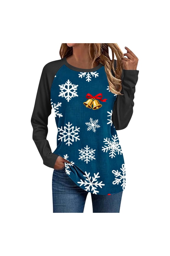 Christmas Shirts for Women Snowflake Print Raglan Long Sleeve Shirt Christmas Crew Neck Blouse Holiday Top for Winter Wear My Items