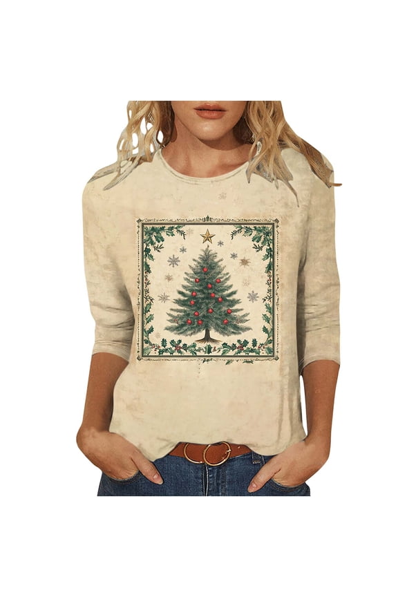 Festival Saving Christmas Top for Women Christmas Tree Fall Fashion Tees 3/4 Sleeve Round Neck Tops for Holiday Fall Clothes My Items
