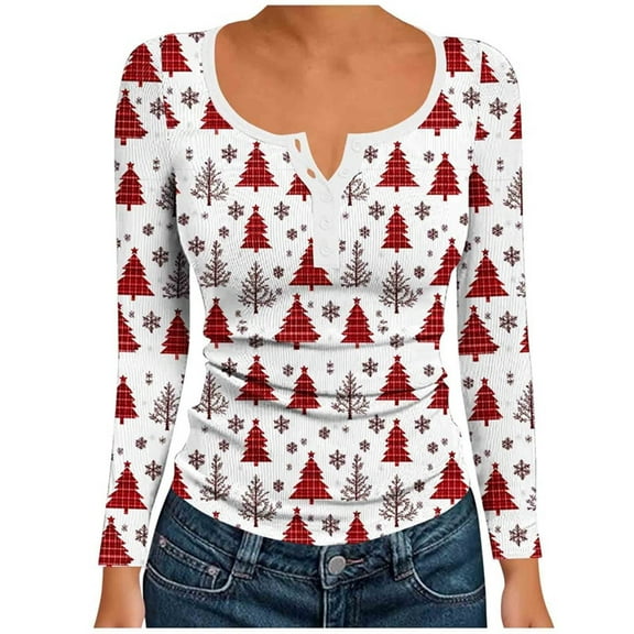 Christmas Top for Women Long Sleeve T-Shirt with Christmas Tree Print V-Neck Button Front Holiday Fashion Top Fall Clothes My Items
