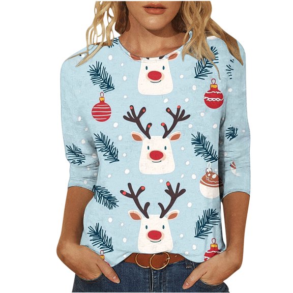 Christmas Tops for Women 3/4 Sleeve Reindeer Round Neck Fall Tees Tshirts Tops for Women Fall Clothes My Items