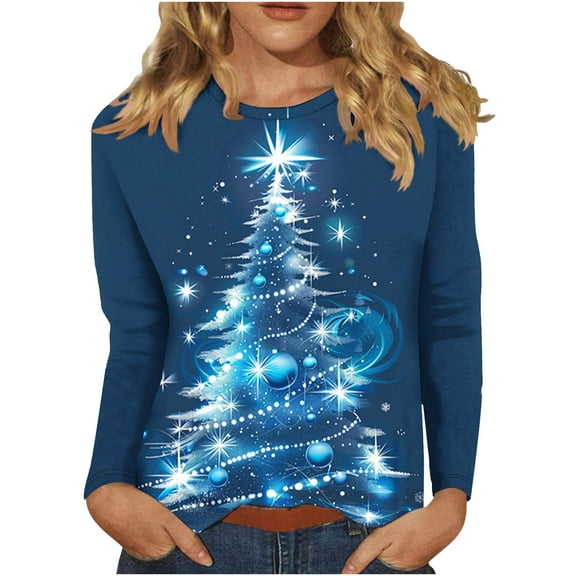 Festival Saving Christmas Tops for Women Comfort Fit Long Sleeve Round Neck Christmas Tree Print T-Shirt for Holiday Apparel Blouse Top Tees My Items