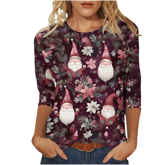 Christmas Tops for Women Fall Santa 3/4 Sleeve Round Neck Tees Tops Tshirts Fall Fashion Must Haves My Items