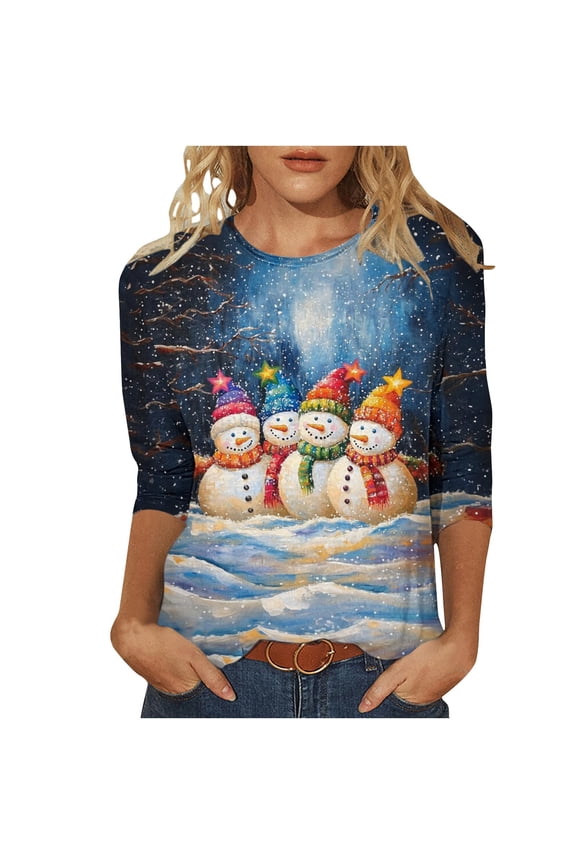 Christmas Tops for Women Fall Snowman 3/4 Sleeve Round Neck Tees Tshirts Tops Holiday Fall Clothes My Items
