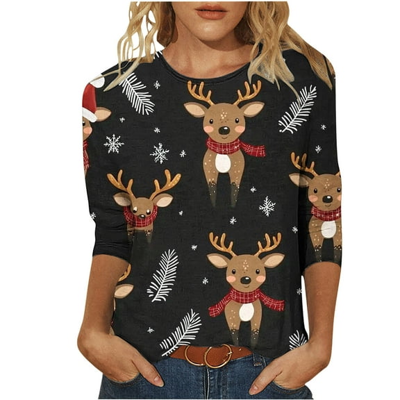 Christmas Tshirts Women Funny 3/4 Sleeve Round Neck Fall Tees with Reindeer Print Tshirts Tops for Xmas Fall Clothes My Items