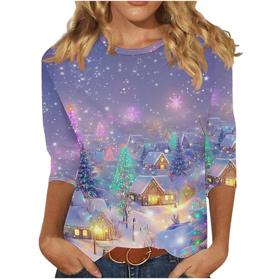 Christmas Tshirts Women Funny Fall Everyday Christmas Tree Tees 3/4 Sleeve Round Neck Tops Tshirts Fall Clothes My Items