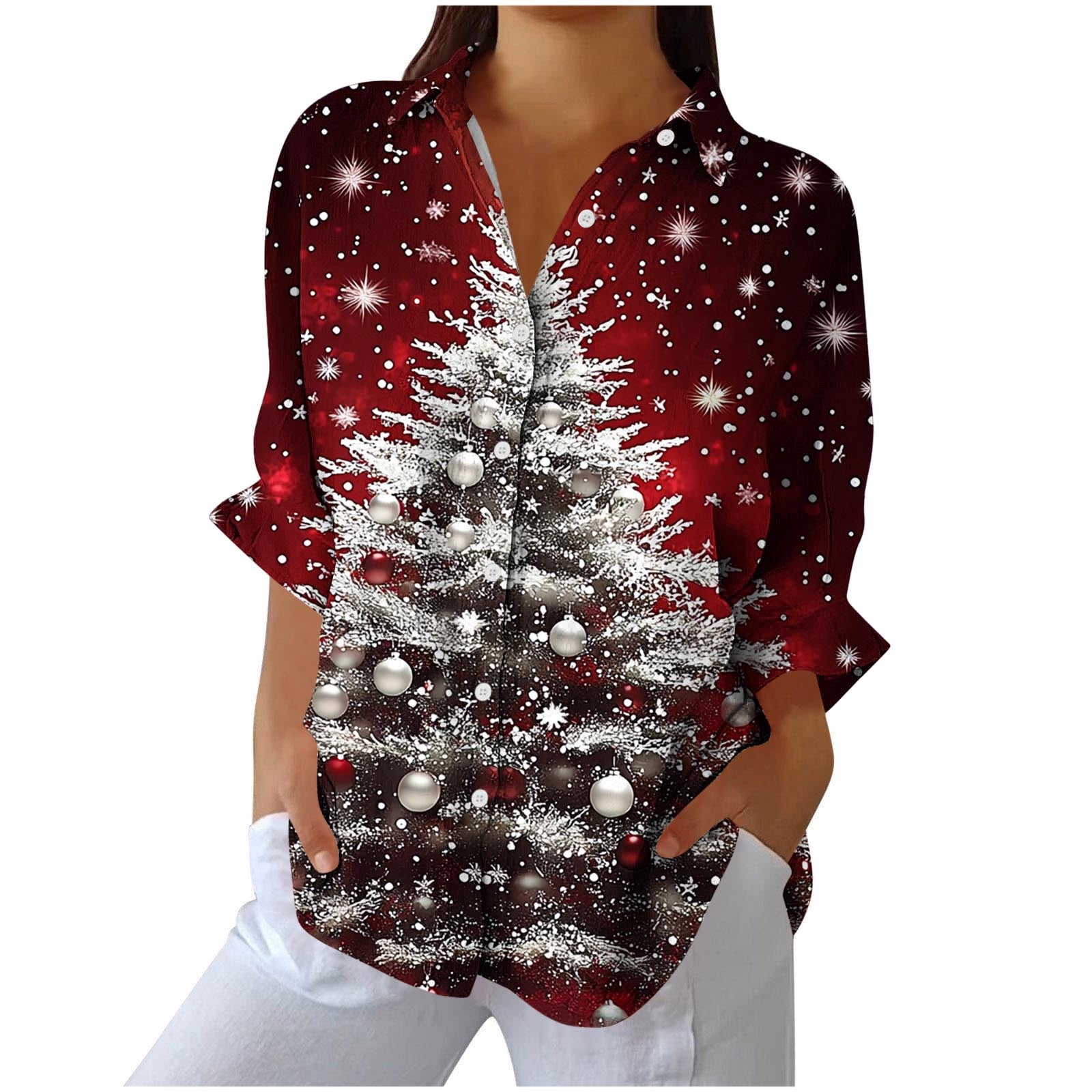 Christmas Tshirts Women Funny Festive Top Long Sleeve Button Down Shirt ...