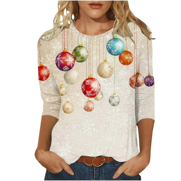 Christmas Tshirts Women Funny Holiday Print 3/4 Sleeve Round Neck Tees Tshirts Fall Top for Christmas Fall Clothes My Items
