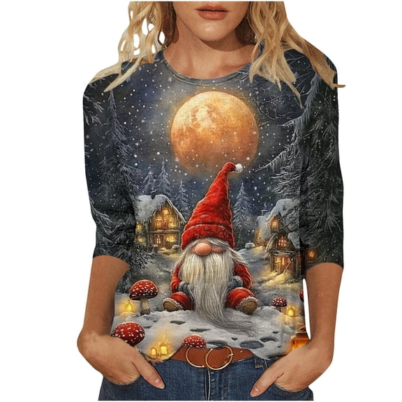 Christmas Tshirts Women Funny Round Neck 3/4 Sleeve Fall Santa Tees Tops for Women Fall Fashion Must Haves My Items