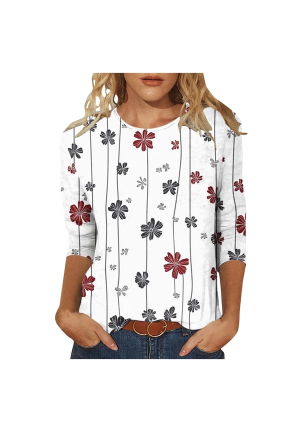 Christmas Tshirts Women Funny Round Neck 3/4 Sleeve Snowflake Print Tees Fall Tshirts Tops for Winter Fall Clothes My Items