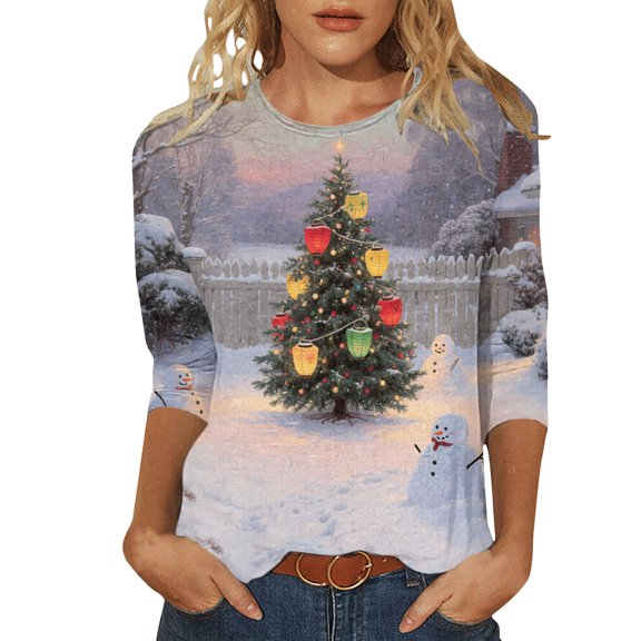Christmas Tshirts Women Funny Round Neck Fall Christmas Tree Tees 3/4 Sleeve Tops Tshirts for Festive Wear Fall Clothes My Items