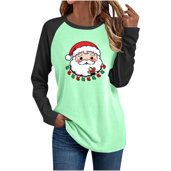 Christmas Tshirts Women Funny Santa Claus Print Long Sleeve Shirt Black Raglan Blouse Crew Neck T-Shirt Holiday My Items