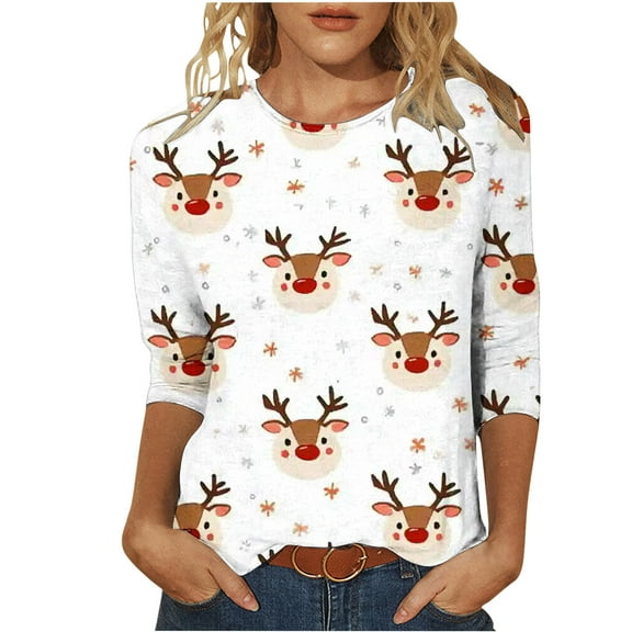 Christmas Tshirts Women Holiday Reindeer Print Tees 3/4 Sleeve Round Neck Fall Tops Tshirts Blouse Fall Clothes My Items