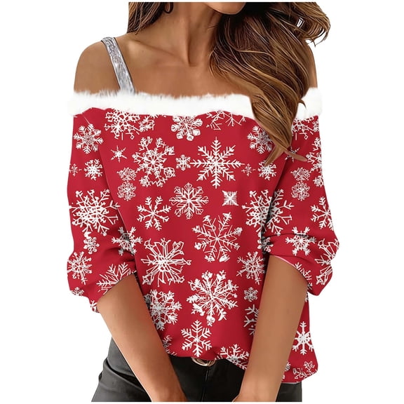 Christmas Tshirts Women Ladies Snowflake T-Shirt 3/4 Sleeve Shirt Crew Neck Christmas Top Holiday Blouse My Items