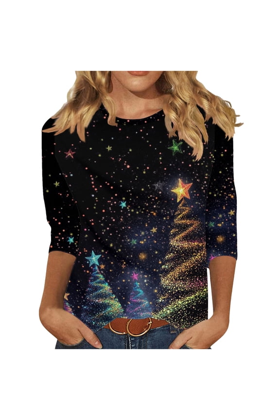 Christmas Tshirts Women Round Neck 3/4 Sleeve Christmas Tree Fall Staple Tees Tops Tshirts Fall Fashion Must Haves My Items