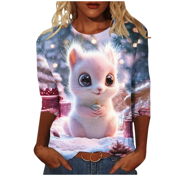 Festival Christmas Tshirts Women Round Neck Fall Reindeer Tees 3/4 Sleeve Tops Tshirts for Festive Wear Fall Fashion Must Haves My Items