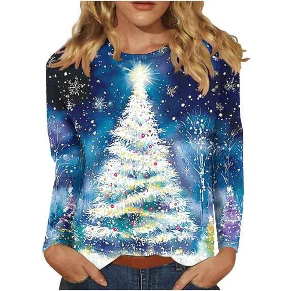 Festival Saving Christmas Tshirts Women Round Neck Long Sleeve Christmas Tree Print Top for Holidays Comfort Fit Shirt Blouse Tees Fall Clothes My Items