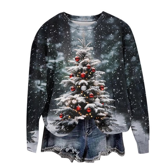 Fall Fashion Must Haves Womens Christmas Tree Pullover Sweatshirt Long Sleeve Round Neck Top Women Fall Clothes My Items