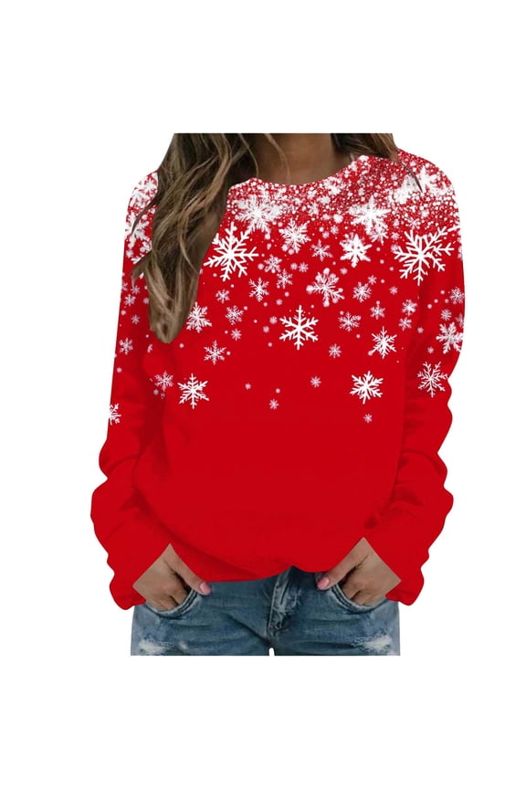 Fall Fashion Must Haves Womens Cozy Christmas Snowflake Pullover Sweatshirt Long Sleeve Round Neck Fall Top My Items