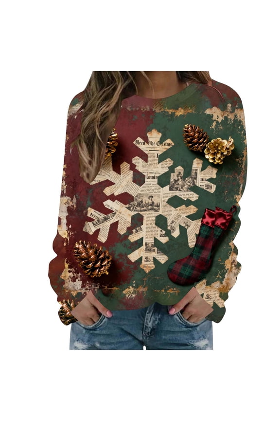 Fall Fashion Must Haves Womens Festive Round Neck Pullover Sweatshirt Long Sleeve Christmas Snowflake Top Women Fall Clothes My Items