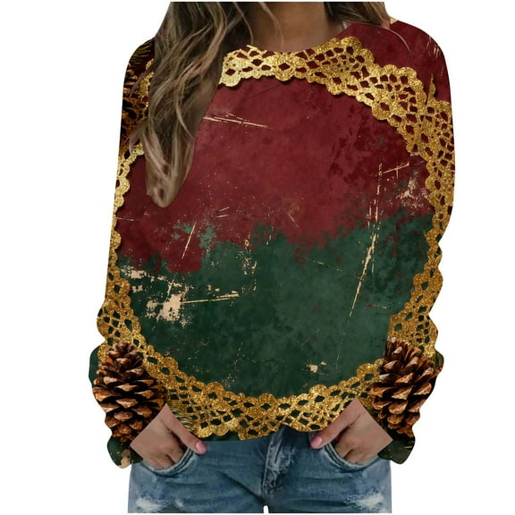 Fall Fashion Must Haves Womens Holiday Christmas Fall Pullover Sweatshirt Long Sleeve Round Neck Top Women Fall Clothes My Items