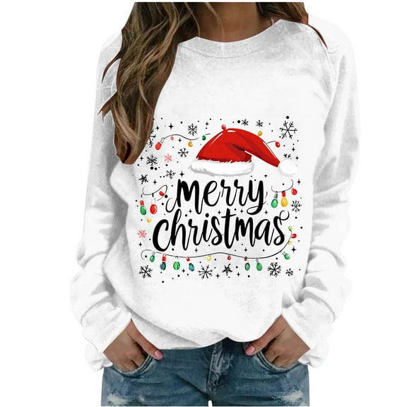 Fall Fashion Must Haves Womens Holiday Season Merry Christmas Lettering Pullover Sweatshirt Long Sleeve Top My Items