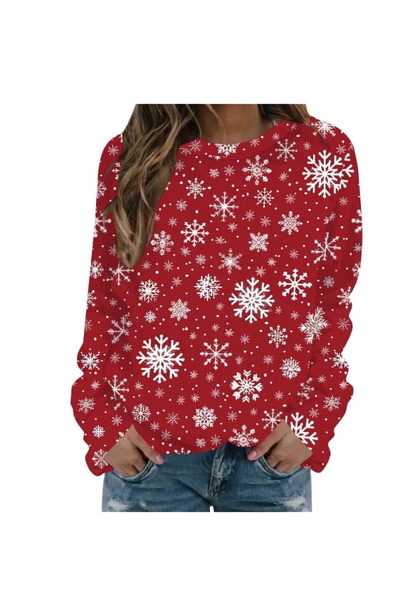 Fall Fashion Must Haves Womens Holiday Snowflake Print Pullover Sweatshirt Long Sleeve Round Neck Fall Top Women Fall Clothes My Items