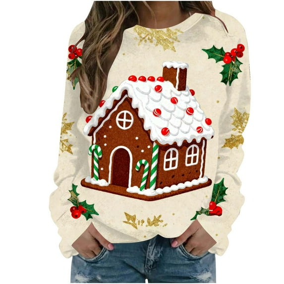 Womens Long Sleeve Comfortable Christmas Sweatshirt Round Neck Pullover Sleep Top My Items