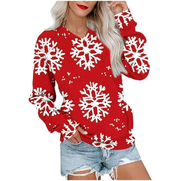 Fall Fashion Must Haves Womens Long Sleeve Pullover Sweatshirt V Neck Christmas Snowflake Top with Pocket Women Fall Clothes My Items