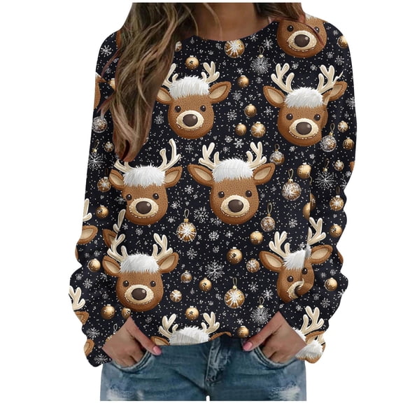 Fall Fashion Must Haves Womens Long Sleeve Reindeer Sweatshirt Round Neck Pullover Fall Shirt Christmas Top My Items