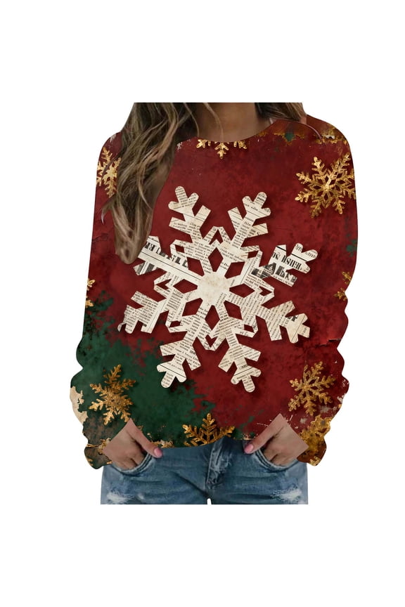 Fall Fashion Must Haves Womens Long Sleeve Snowflake Print Round Neck Pullover Sweatshirt Christmas Top Women Fall Clothes My Items