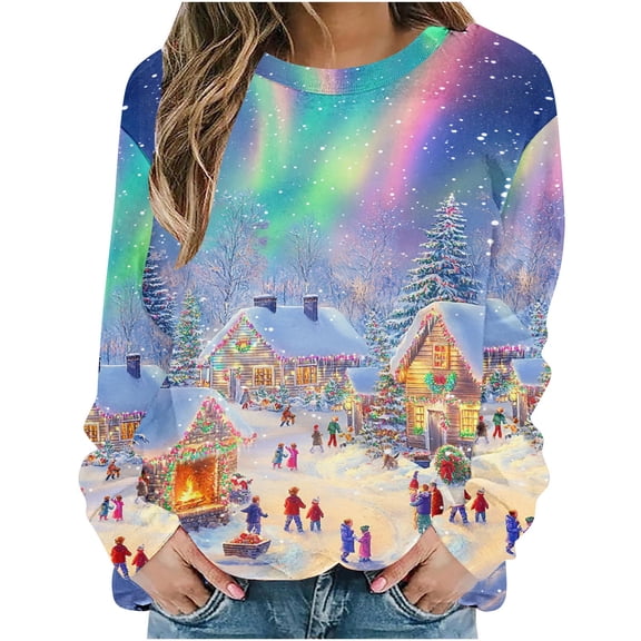 Fall Fashion Must Haves Womens Loose Fit Christmas Print Pullover Sweatshirt Long Sleeve Round Neck Top Women Fall Clothes My Items