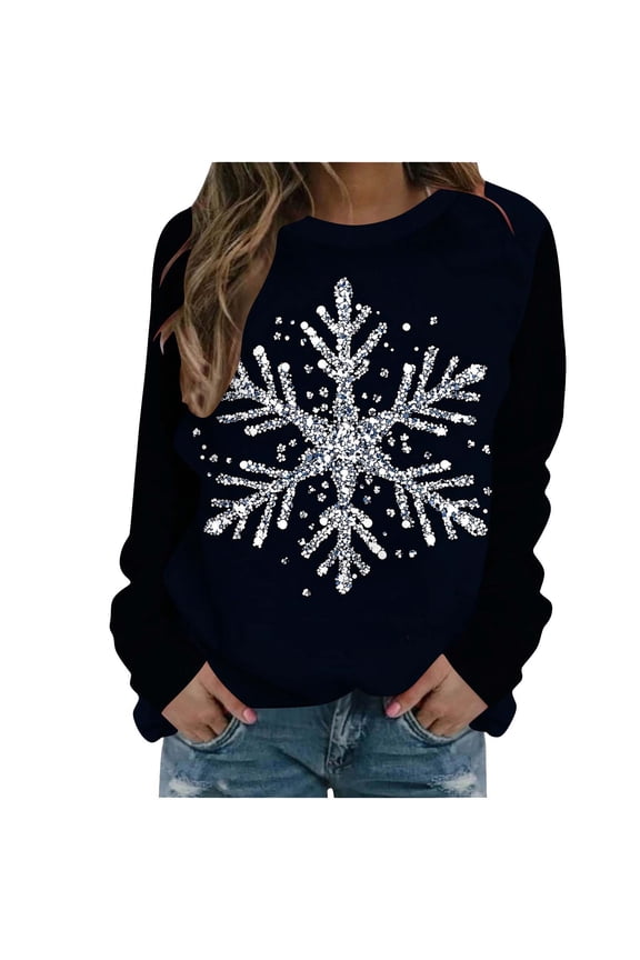 Fall Fashion Must Haves Womens Round Neck Christmas Sweatshirt Long Sleeve Snowflake Pullover Top Women Fall Clothes My Items