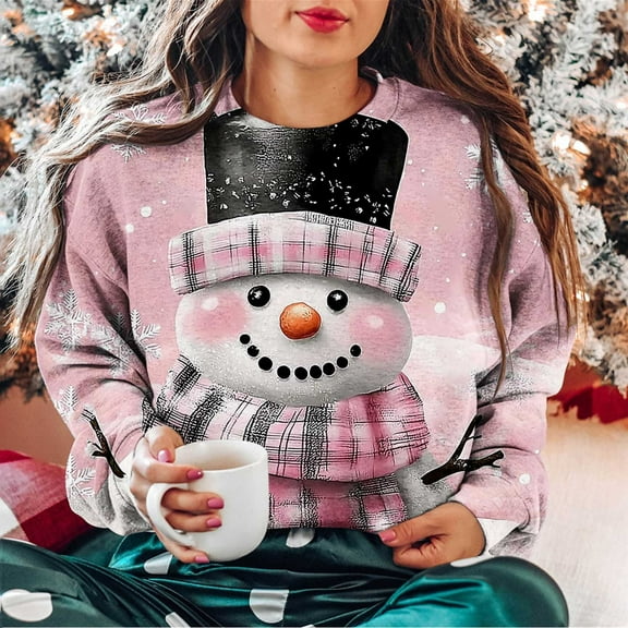 Fall Fashion Must Haves Womens Round Neck Christmas Sweatshirt Long Sleeve Snowman Pullover Top Women Fall Clothes My Items