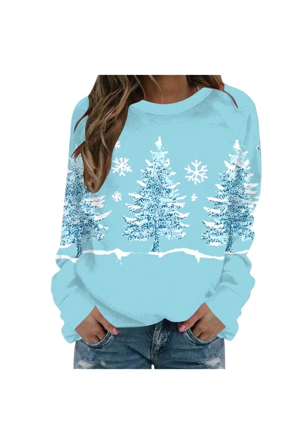 Fall Fashion Must Haves Womens Round Neck Christmas Tree Sweatshirt Long Sleeve Pullover Top for Winter Women Fall Clothes My Items