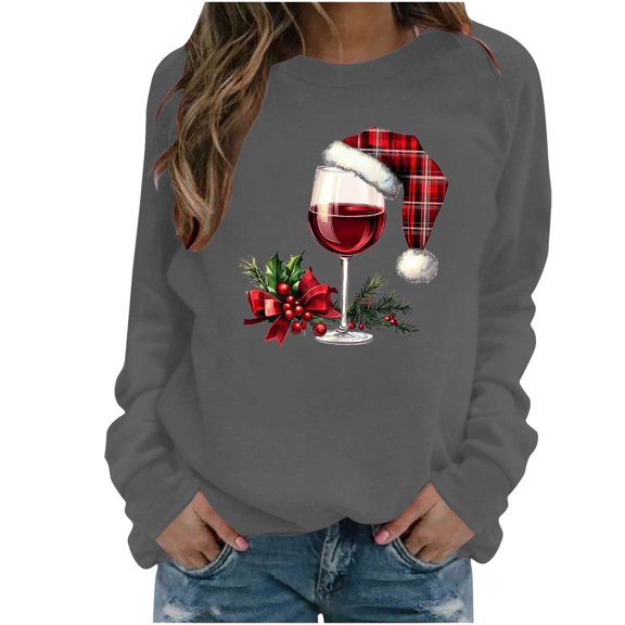 Fall Fashion Must Haves Womens Round Neck Pullover Sweatshirt Long Sleeve with Christmas Wine Glass Pattern Holiday Top My Items