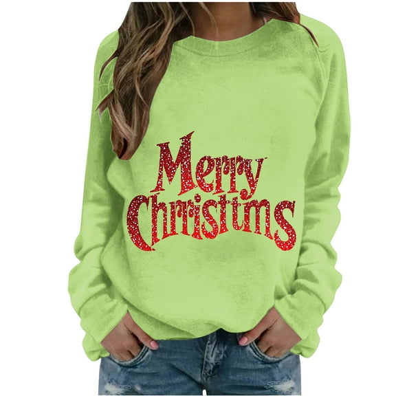 Fall Fashion Must Haves Womens Round Neck Pullover Sweatshirt Long Sleeve with Merry Christmas Top Women Fall Clothes My Items