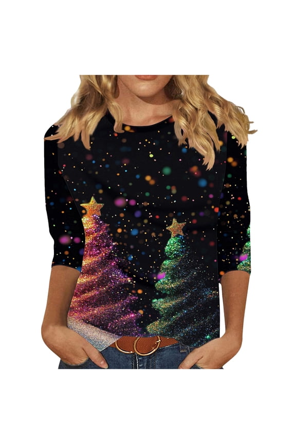 Ladies 3/4 Sleeve Christmas Blouse Round Neck 3/4 Sleeve Fall Holiday Christmas Tree Tees Tops Tshirts Fall Clothes My Items