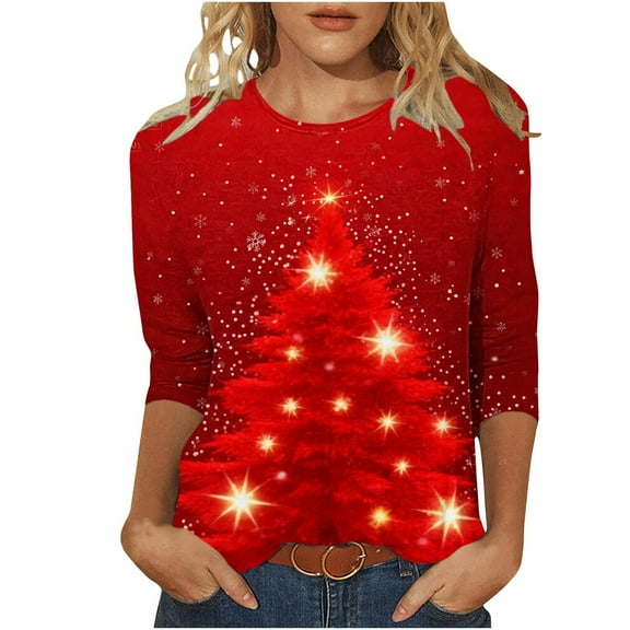Ladies 3/4 Sleeve Christmas Blouse Seasonal Christmas Tree Tees 3/4 Sleeve Round Neck Fall Tops Tshirts Fall Clothes My Items