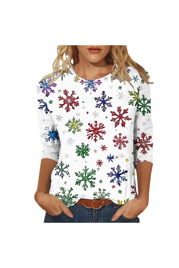 Festival Saving Ladies 3/4 Sleeve Christmas Shirt Round Neck Snowflake Print Pullover Tees 3/4 Sleeve Fall Tops Fall Clothes My Items