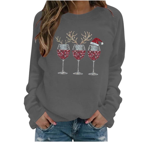 Women Fall Clothes Festive Wine Glass Print Sweatshirt Long Sleeve Round Neck Pullover Christmas Top Fall Fashion Must Haves