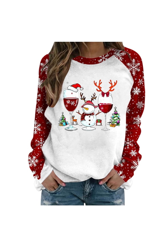 Women Fall Clothes Long Sleeve Round Neck Pullover Sweatshirt with Christmas Wine Glass Print Top Red Raglan Sleeve Shirt My Items