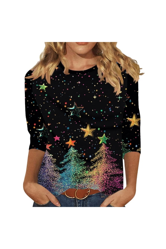 Festival Saving Womens Christmas Shirts 3/4 Sleeve Round Neck Christmas Tree Fall Tees Tops for Holiday Fall Fashion Must Haves My Items