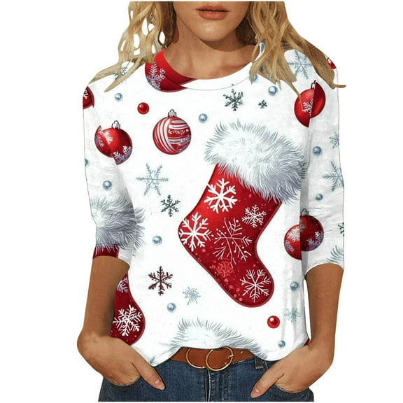 Womens Christmas Shirts Cute Holiday Print 3/4 Sleeve Round Neck Tees Tshirts Fall Top for Christmas Fun Fall Clothes My Items