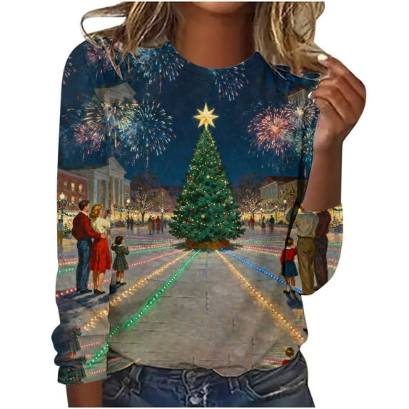Womens Christmas Shirts Funny Comfortable Holiday T-Shirt Long Sleeve Blouse with Christmas Tree Print and Round Neck Tees My Items