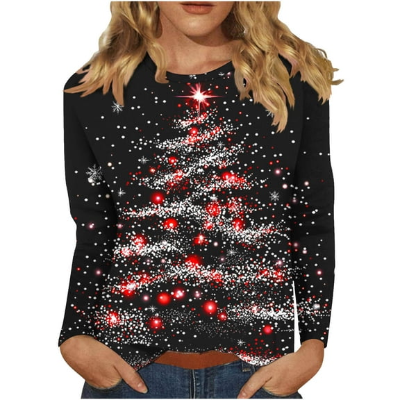 Festival Saving Womens Christmas Shirts Funny Long Sleeve Round Neck Christmas Tree Print Blouse for Holiday Casual Wear Top Shirt Tees My Items