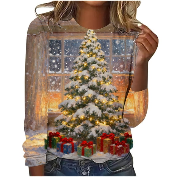Womens Christmas Shirts Long Sleeve Round Neck Blouse Christmas Tree Print Top for Holiday Parties Comfort Shirt Fall Clothes My Items