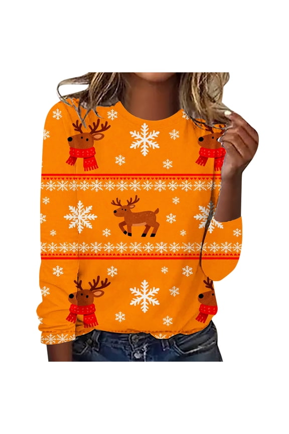Womens Christmas T Shirts Funny Long Sleeve Christmas Print Shirt Festive Crew Neck Top Holiday Blouse Wear Fall Clothes My Items