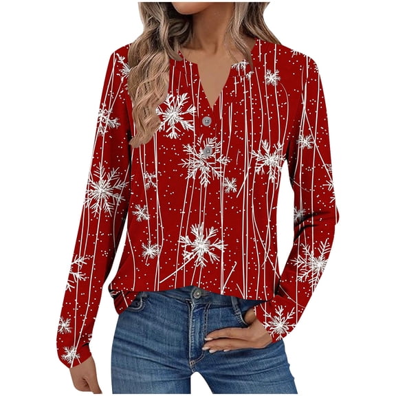 Womens Christmas T Shirts Funny Long Sleeve V Neck Shirt with Buttons Christmas Snowflake Print Holiday Party Top Blouse Tees My Items