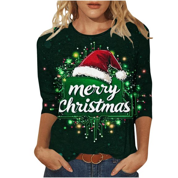 Womens Christmas T Shirts Funny Merry Christmas Print 3/4 Sleeve Round Neck Tees Tshirts Fall Tops Blouse Fall Clothes My Items