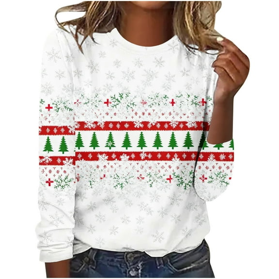 Womens Christmas Tops Casual Festive Christmas Pattern Top Long Sleeve Round Neck Blouse Holiday Season Shirt Tees Fall Clothes My Items